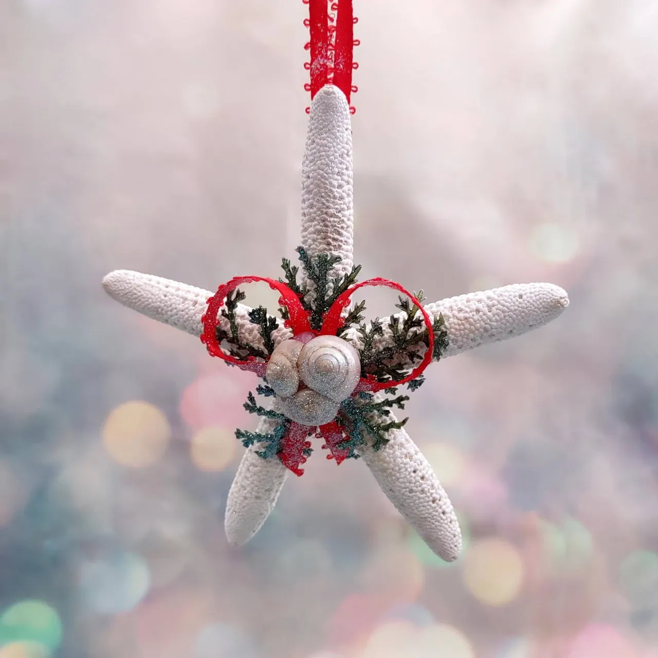 White Starfish Christmas Ornament for Coastal Tree (1 Seastar approx. 4+ inches) Hanging Starfish Xmas Ornament for gifting & holiday decor!