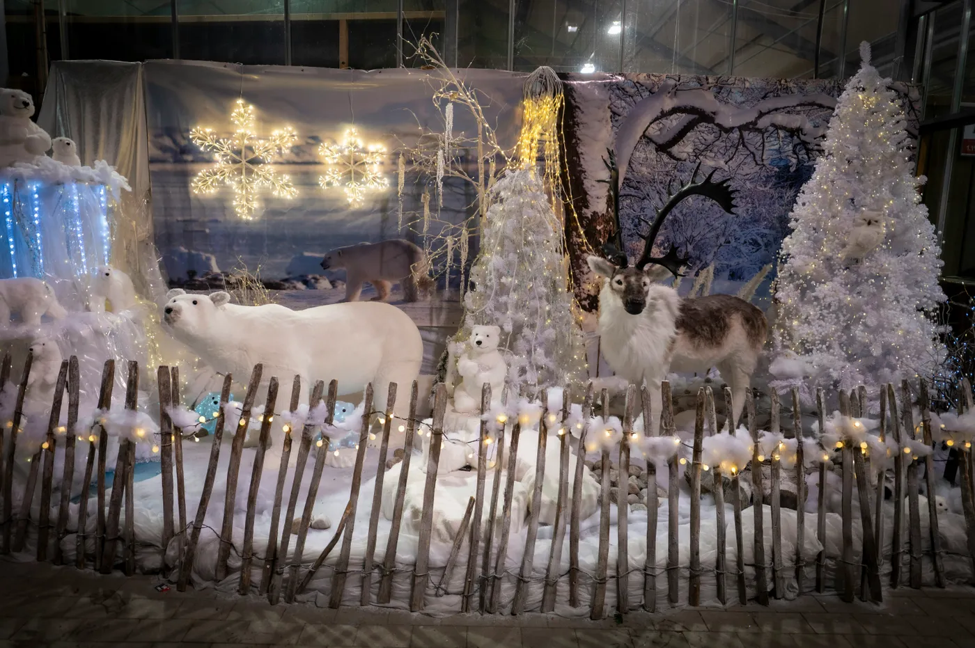 Winter wonderland display with polar bear and reindeer