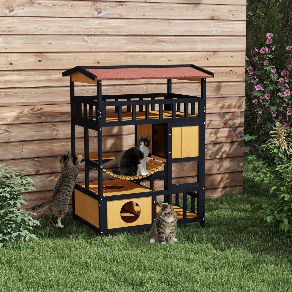 Wooden Cat Shelters Pawbuilt Outdoor Indoor Wooden Cat House, Weatherproof Two-Story Cat Shelter, Enclosed Multi-