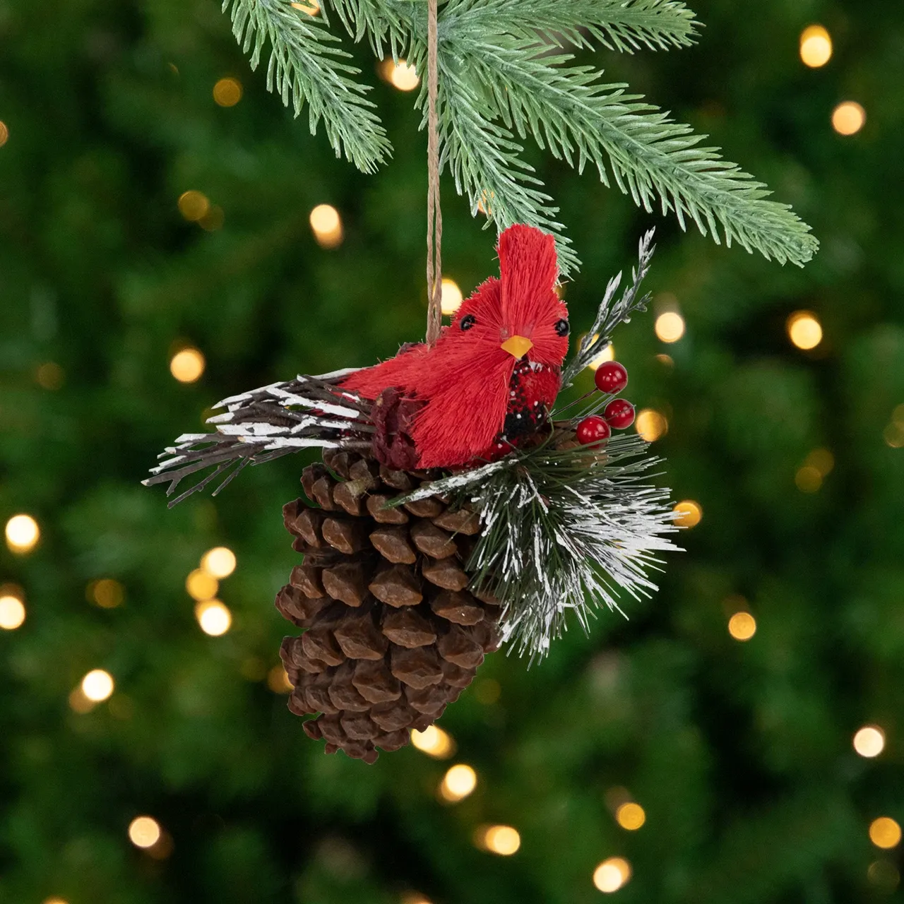 Woodland Cardinal Bird Perched on a Pinecone Frosted Christmas Ornament - 6.75'