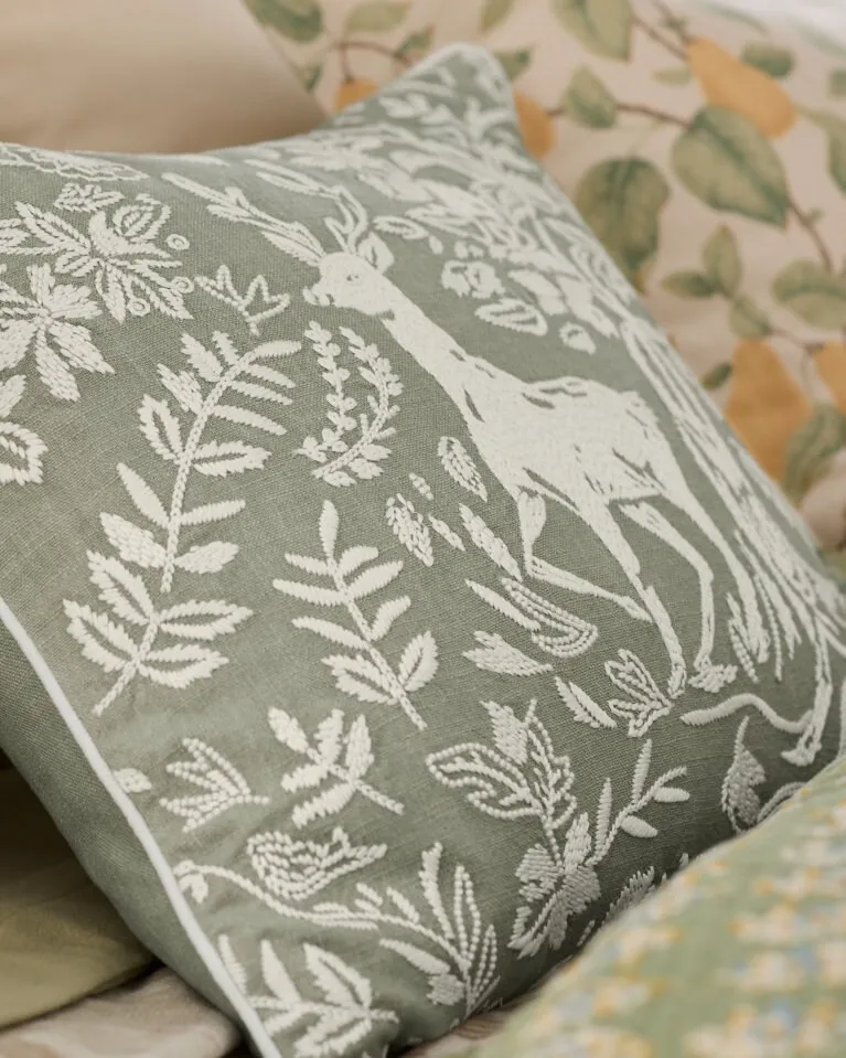 Woodland Deer Embroidered Organic-Cotton Pillow Cover | Garnet Hill