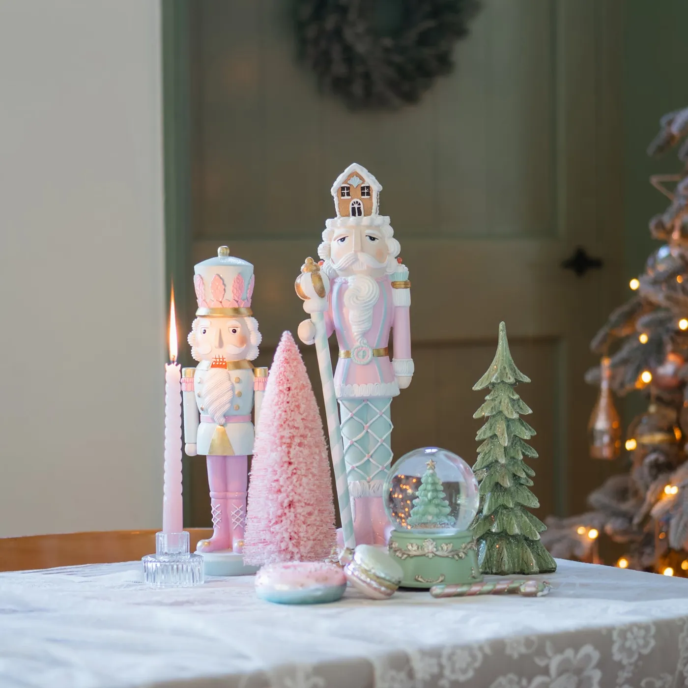 XL pastel nutcracker with gingerbread house hat