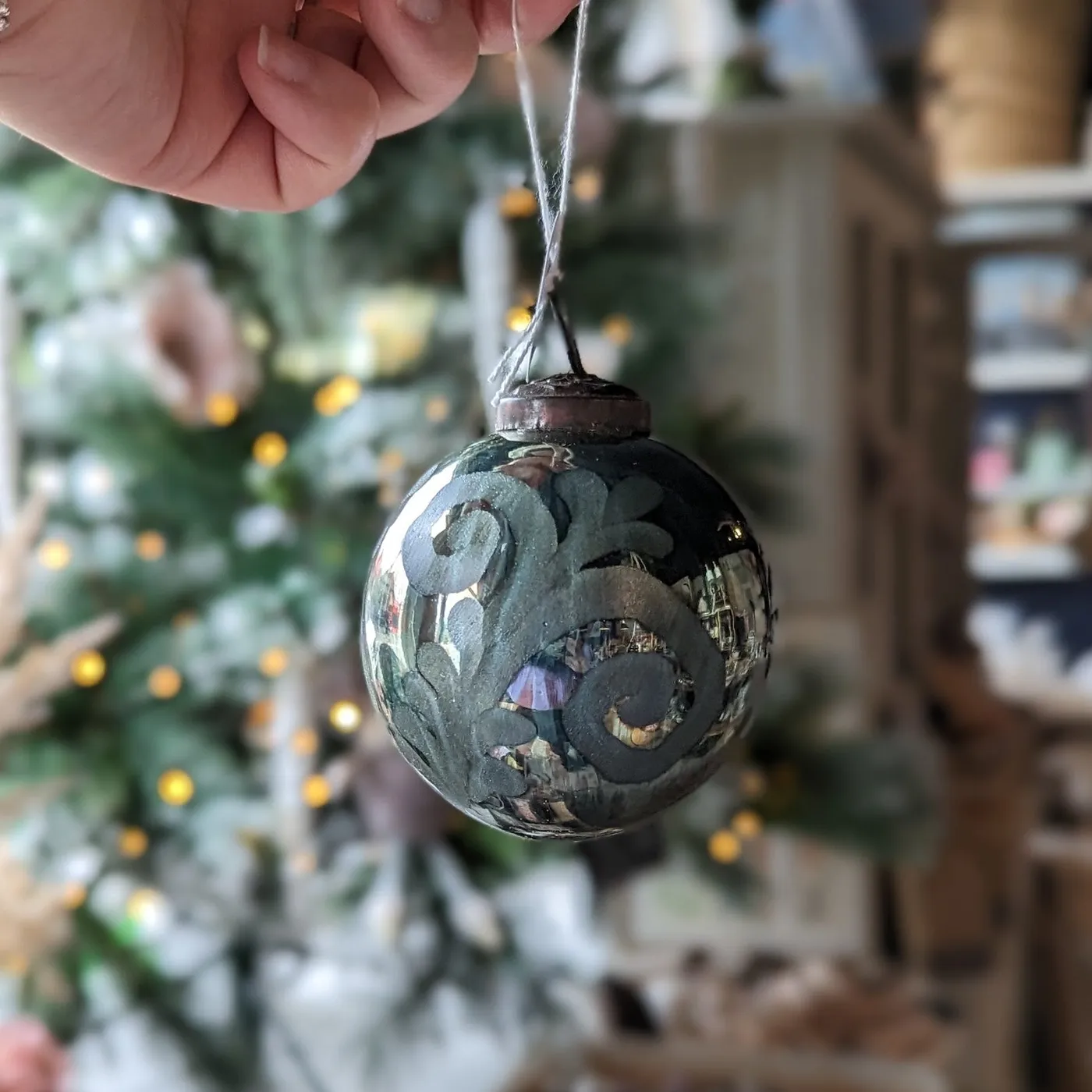 Xmas Dec Antique Etched Aqua Ball
