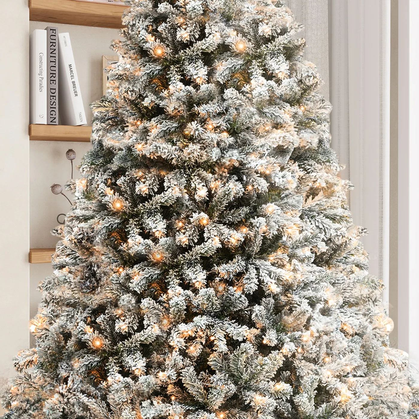 Yitahome | 9 FT Flocked Christmas Tree Prelit Full Xmas Tree Home Decor 9 Ft. Christmas tree with elite decorations